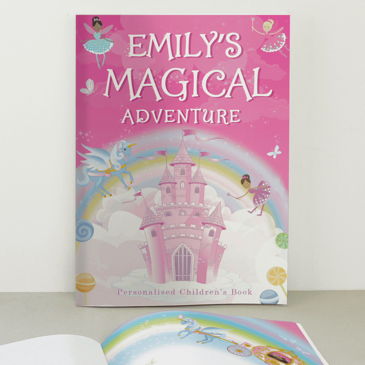personalised princess and unicorn book showing the child's name personalised on the front cover