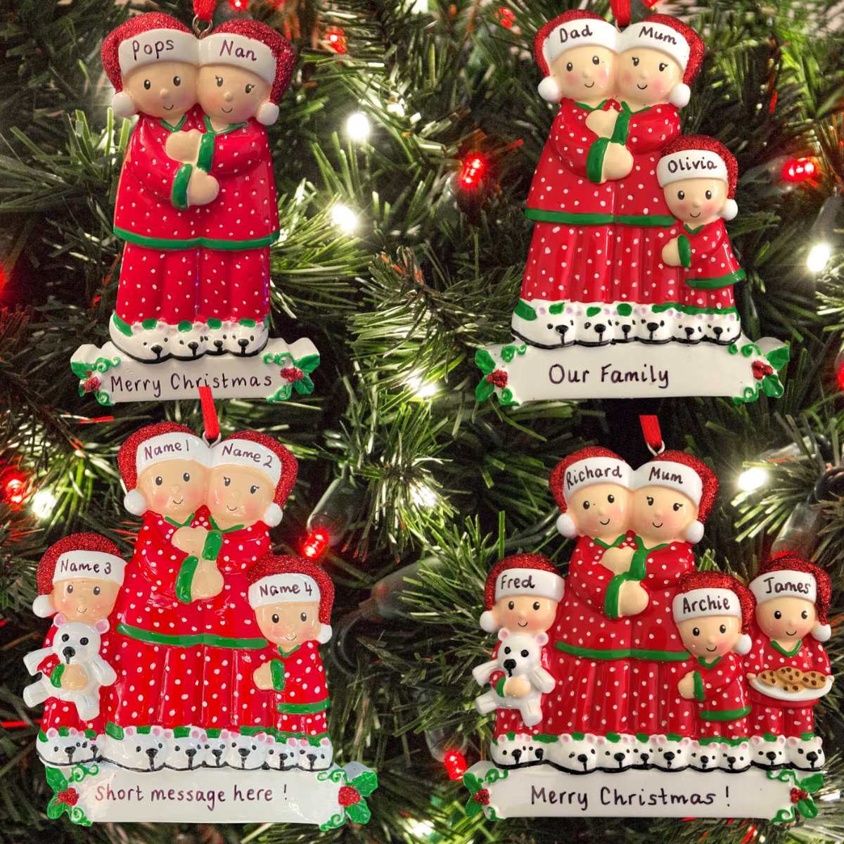 personalised pyjama family christmas tree decoration collage showing the different family sizes