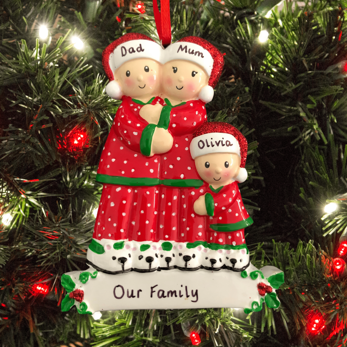 personalised pyjama family christmas tree decoration for a family of 3