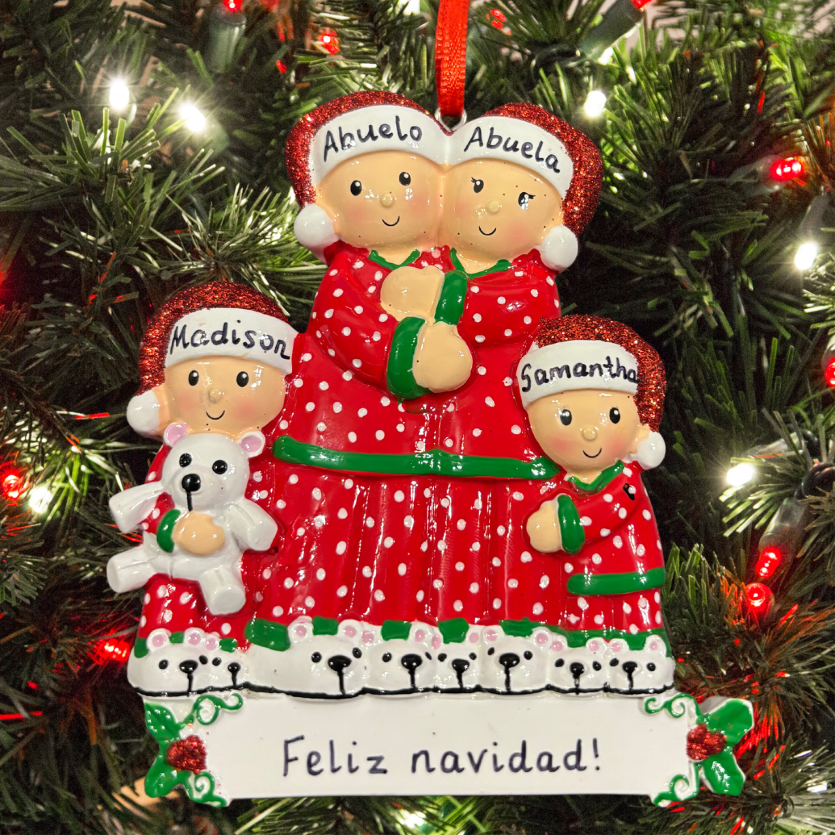 personalised pyjama family christmas tree decoration for a family of 4