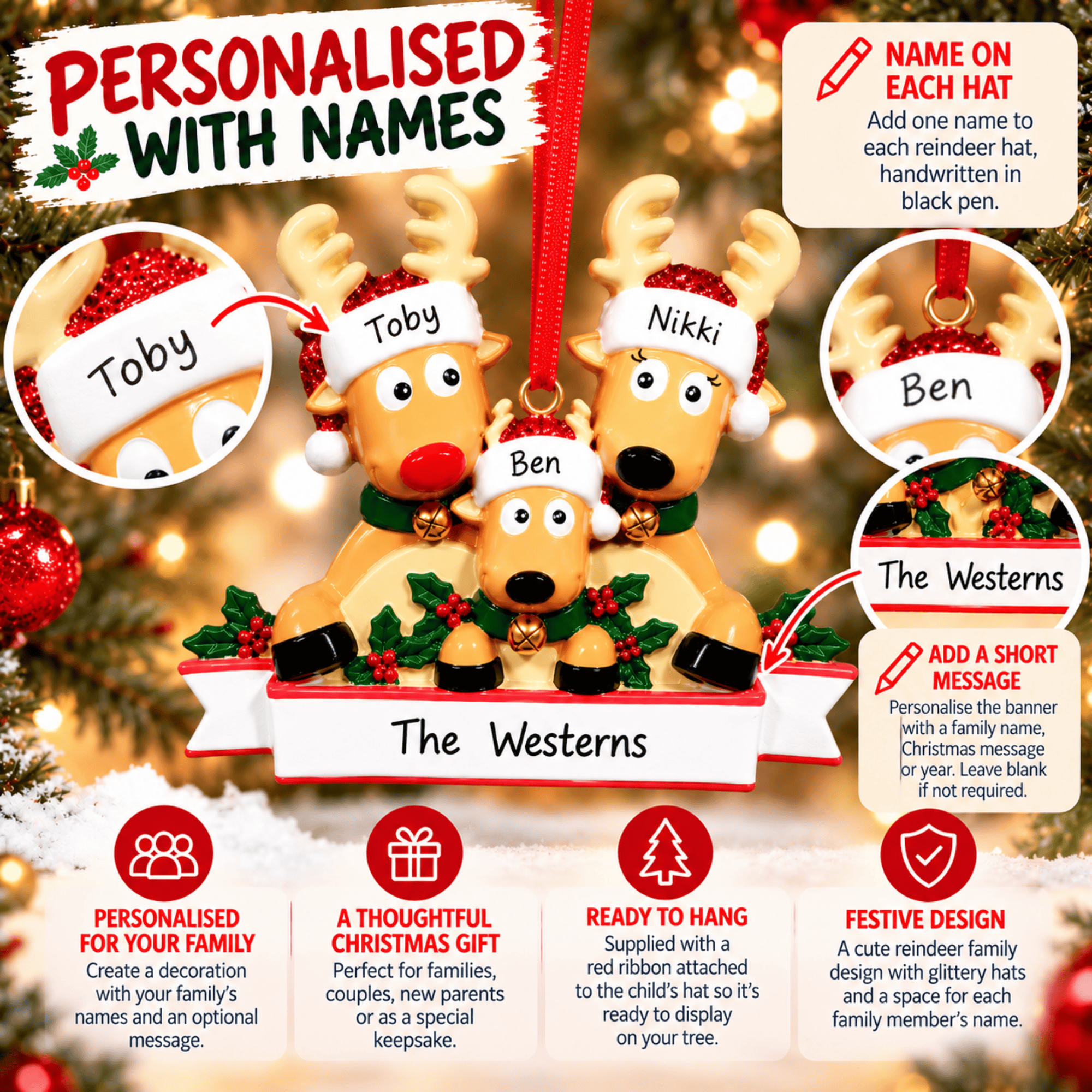 personalised reindeer christmas tree decoration for 3 people