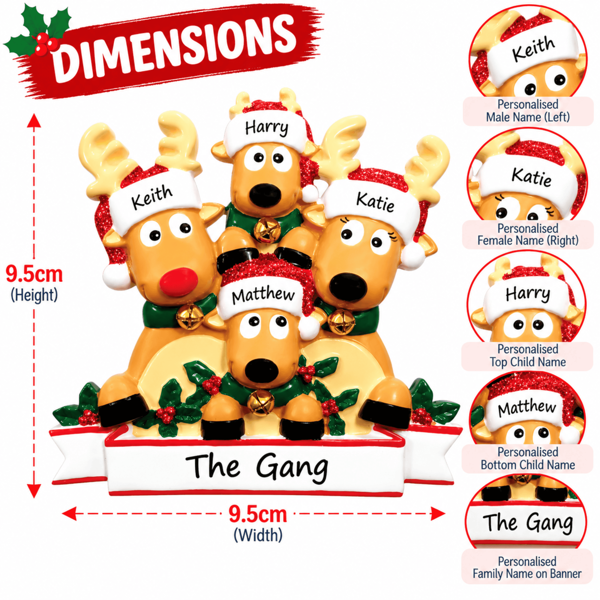 personalised reindeer christmas tree decoration for a family of 4 with dimensions