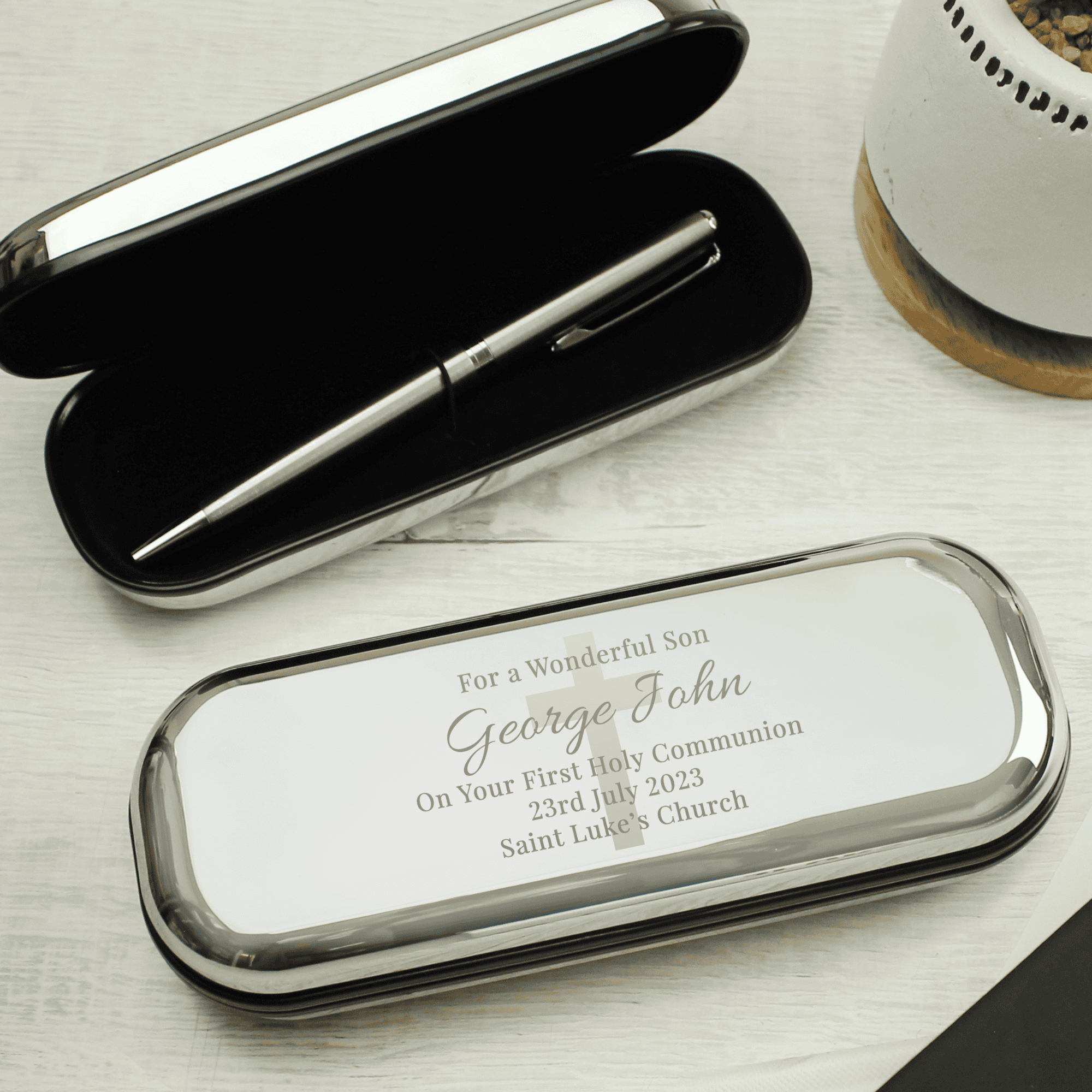 personalised religious pen and box set. the box is engraved with any message over 5 lines