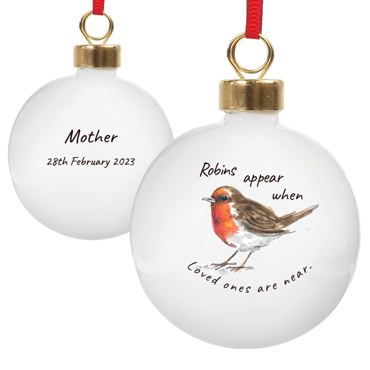 personalised ceramic robin memorial bauble showing the front and the personalisation on the back