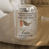 personalised robins appear memorial glass tealight holder with a feather in the centre