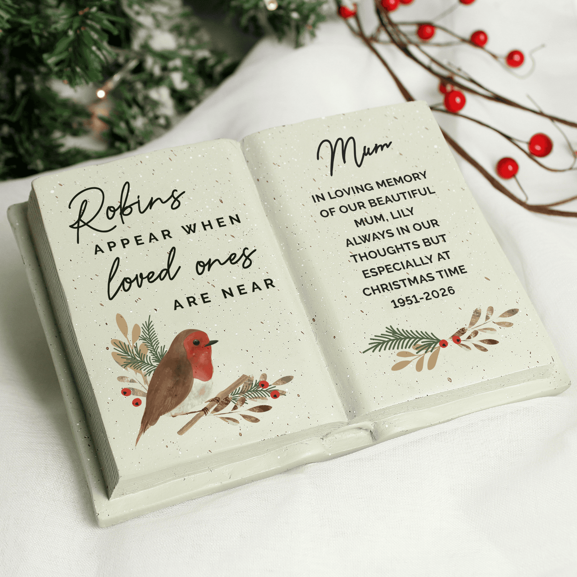 personalised robins appear when loved ones are near memorial stone with the name and any message on the right hand side