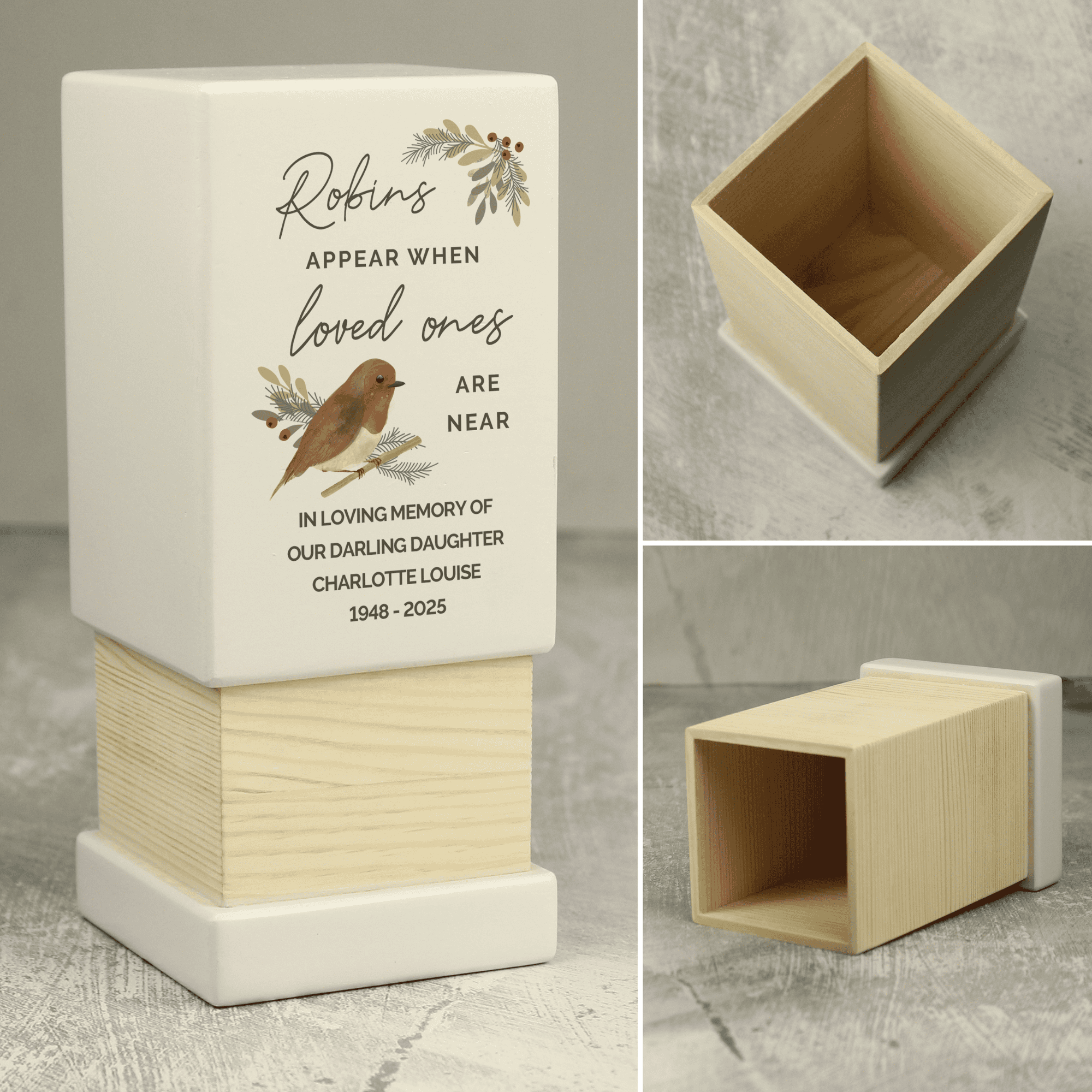 personalised robins appear memorial wooden with any message personalised over 4 lines under the robin image