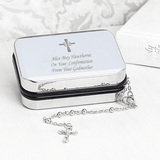 catholic rosary beads and trinket box showing the engraving of the chosen message on the front