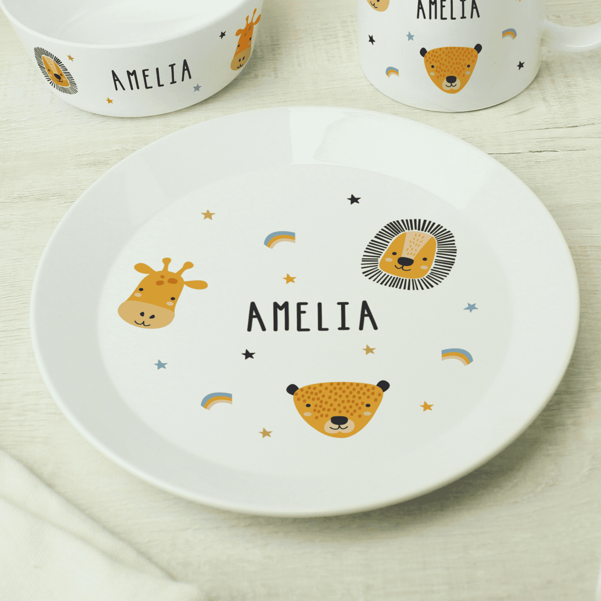 personalised safari animals breakfast set with a name personalised on each item