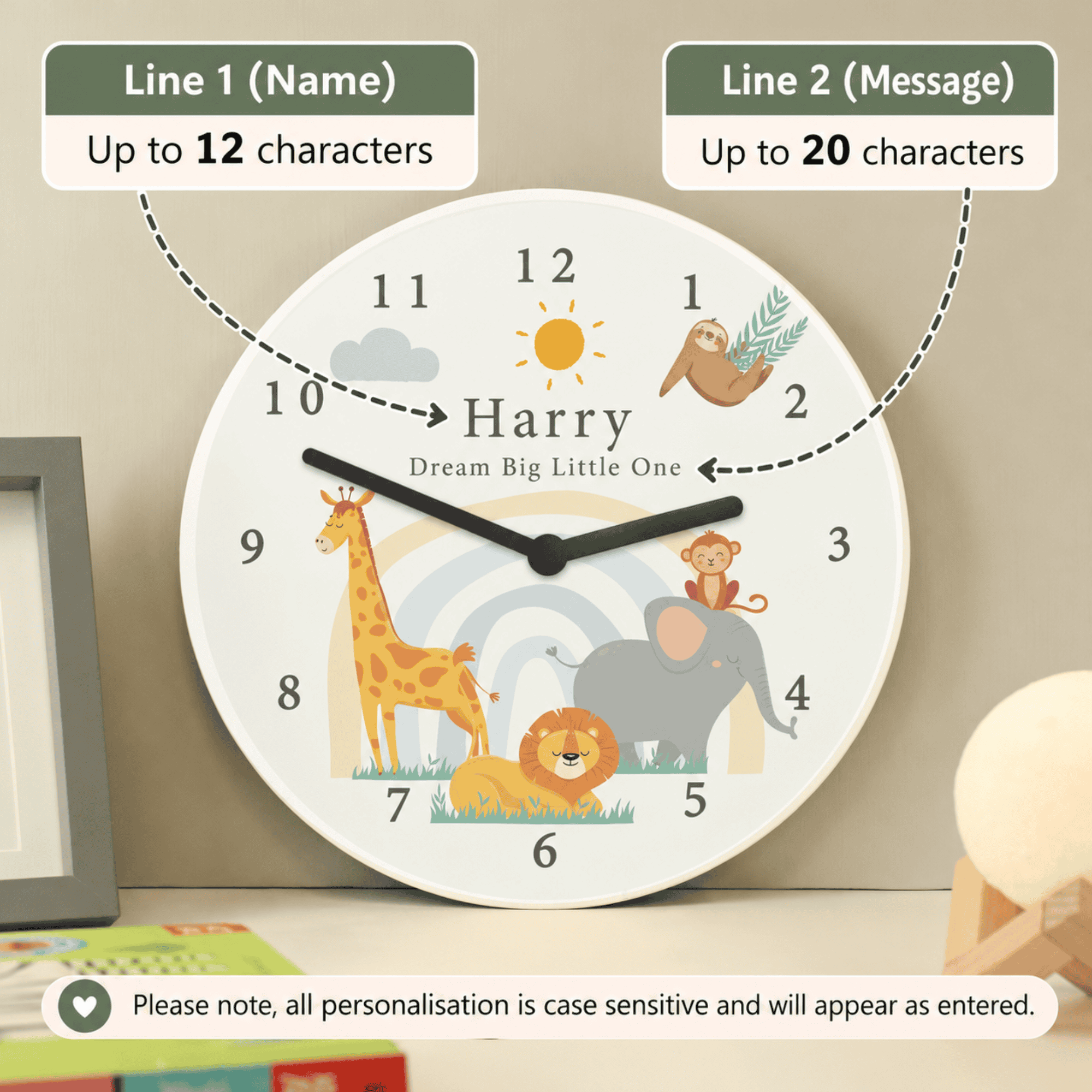 personalised safari wooden clock with any message over 2 lines