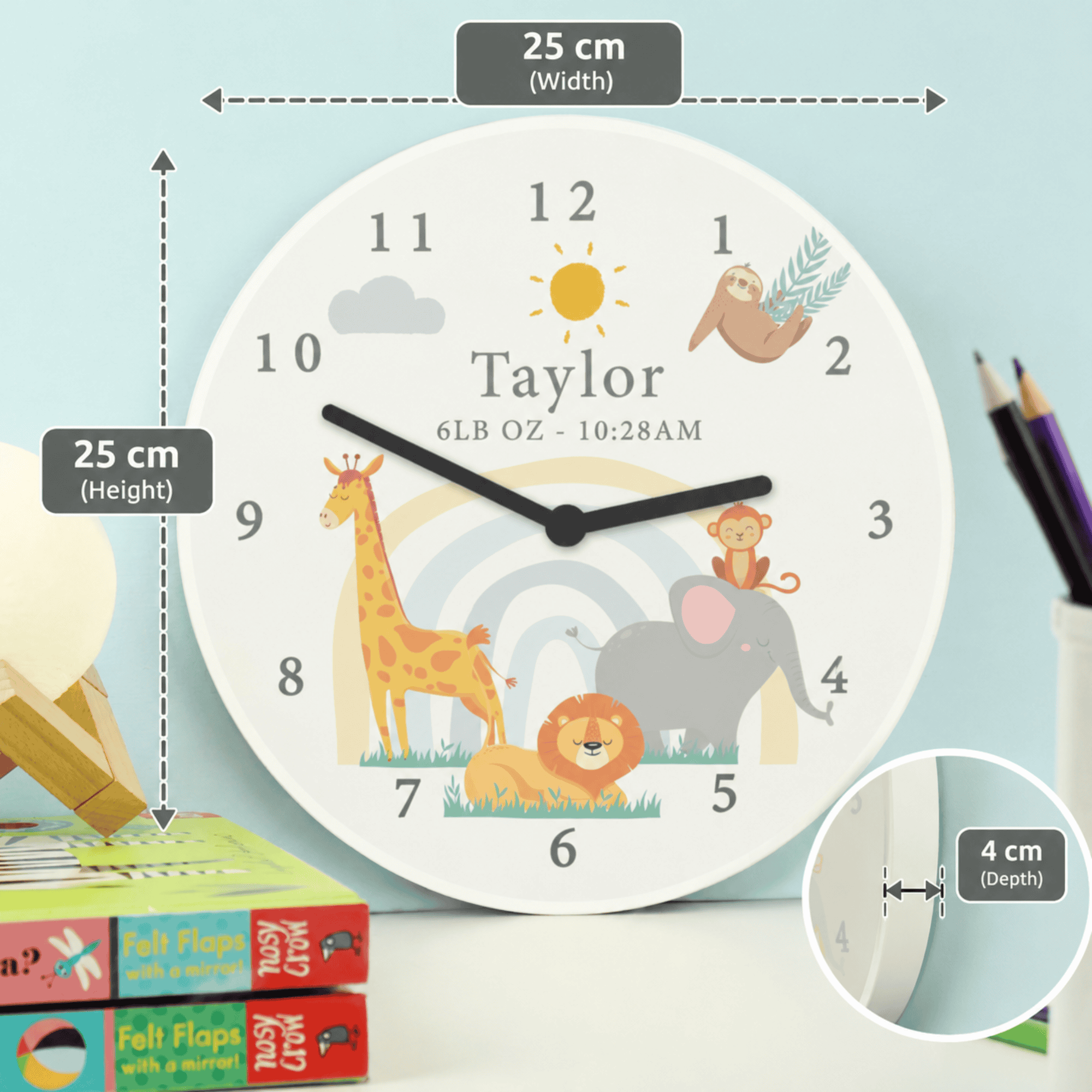 personalised safari wooden clock with any message over 2 lines