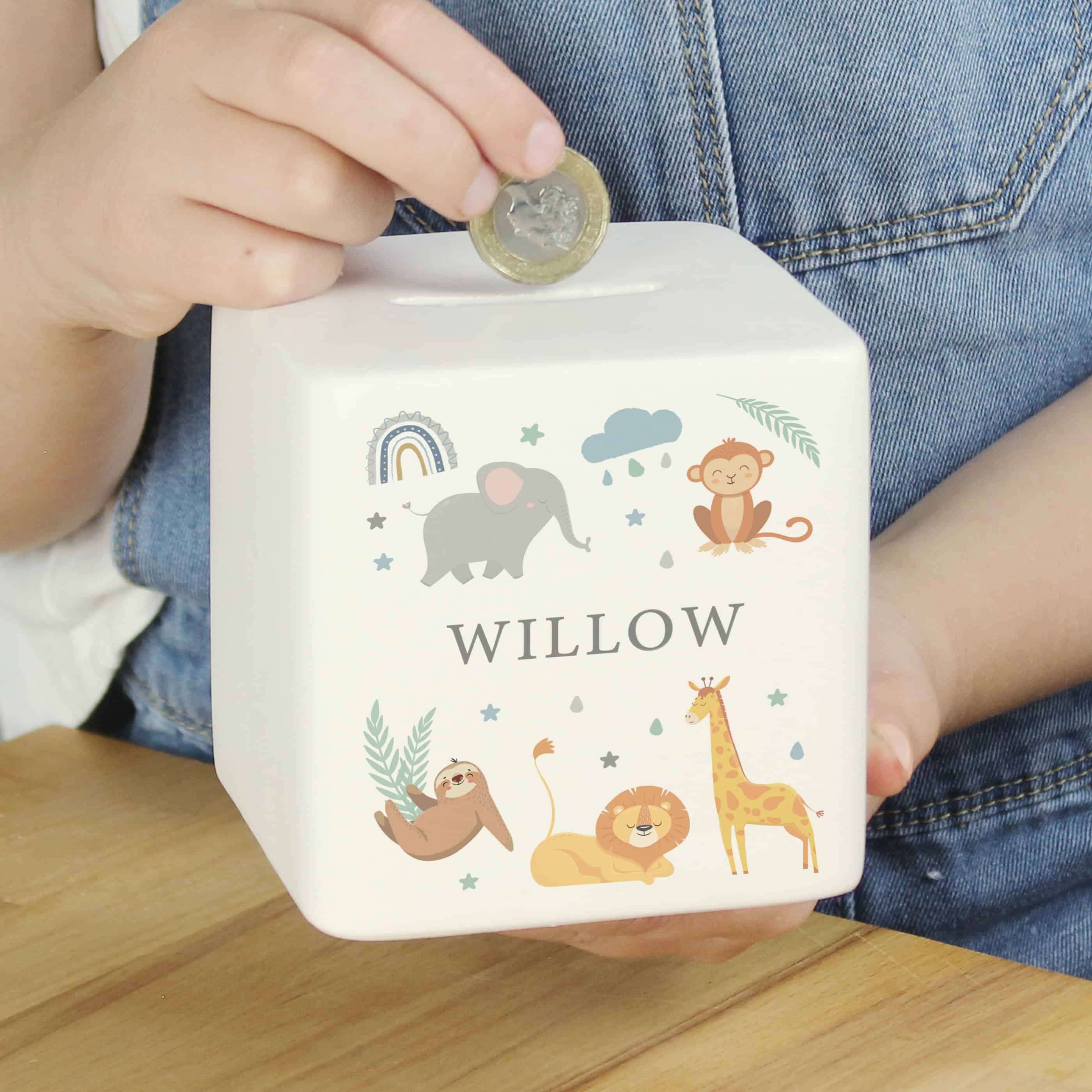 Personalised Safari Animals Ceramic Square Money Box
