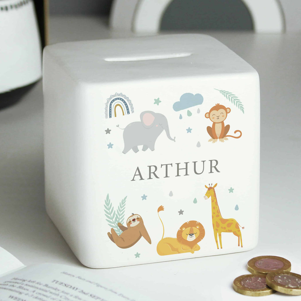 Personalised Safari Animals Ceramic Square Money Box

