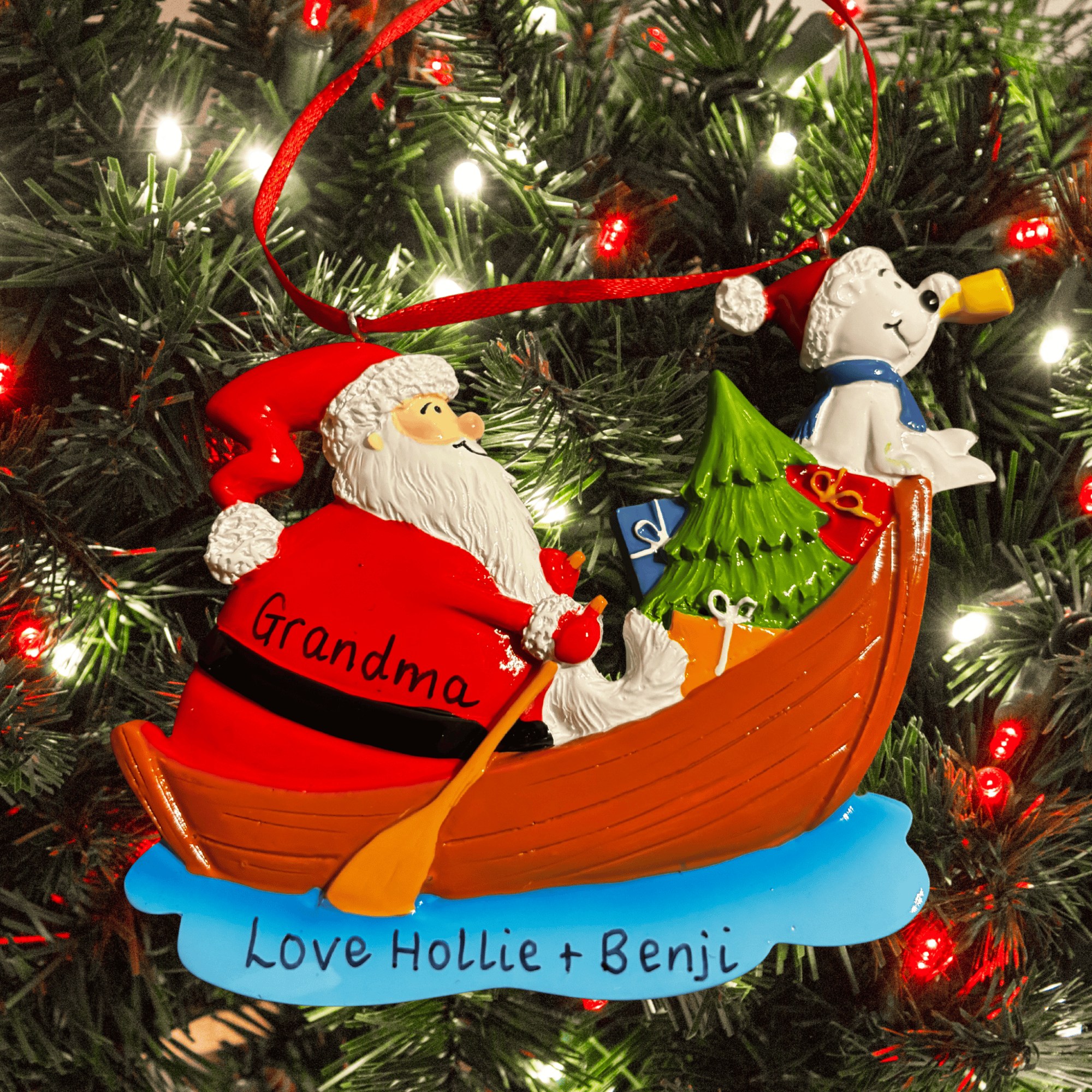 personalised santa christmas tree decoration with a name, year and short message personalised on it 