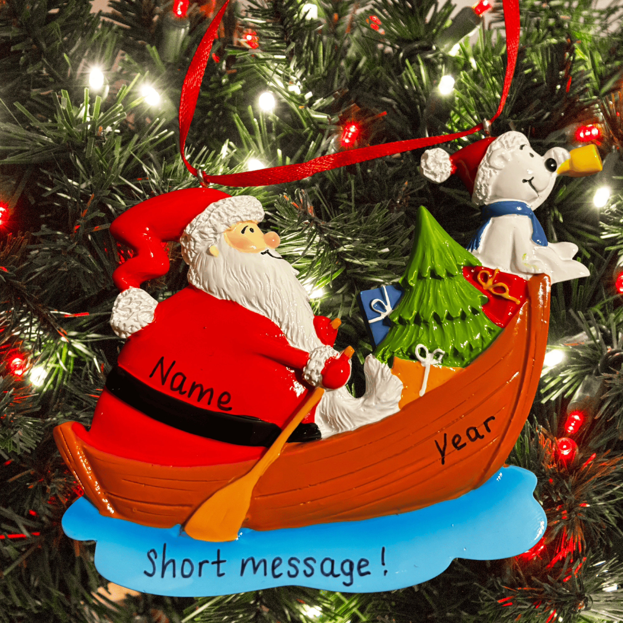 personalised santa christmas tree decoration with a name, year and short message personalised on it 