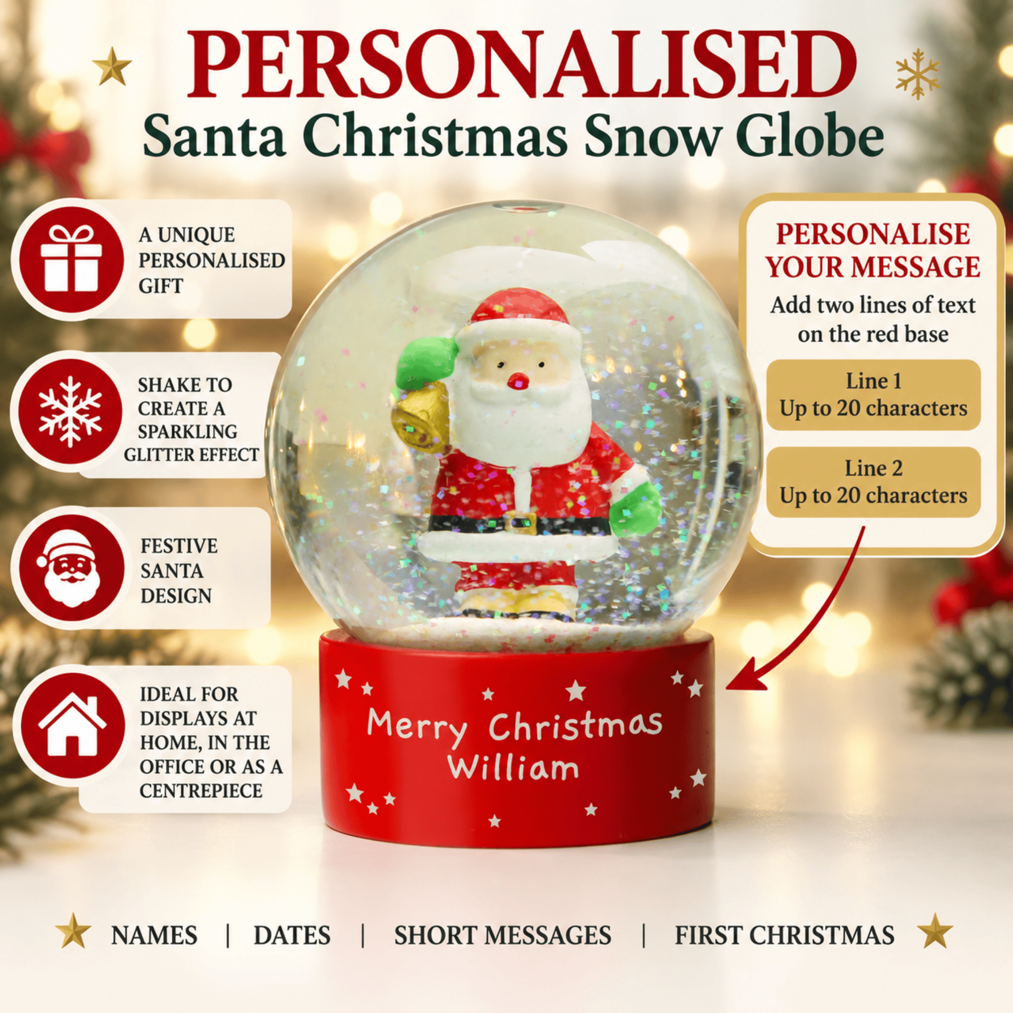 personalised santa snow globe with any message over 2 lines