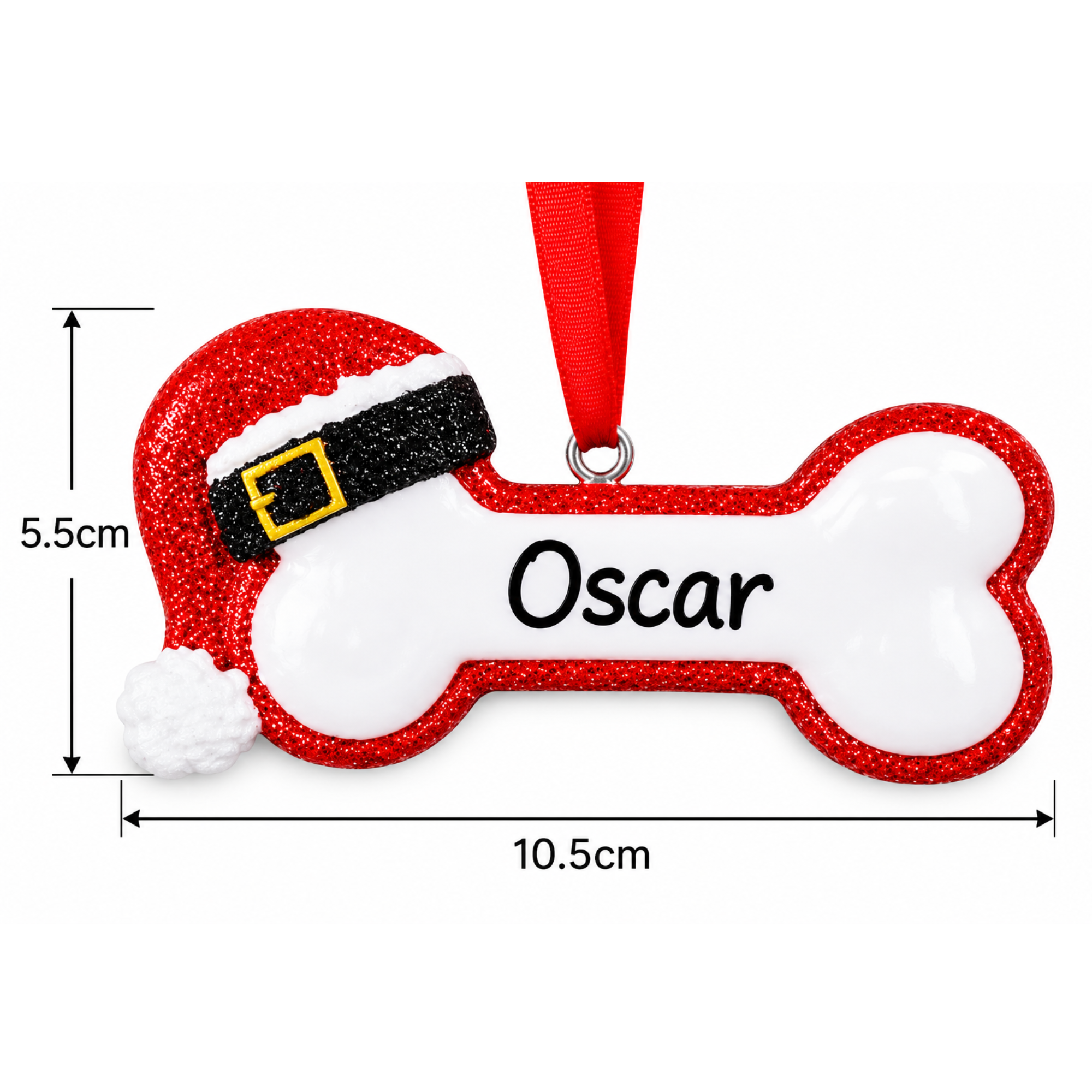 personalised santa dog bone tree decoration with any name personalised on the white part of the ornament