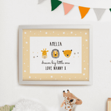 personalised scandi animals white framed print with the child's name and message over 2 lines