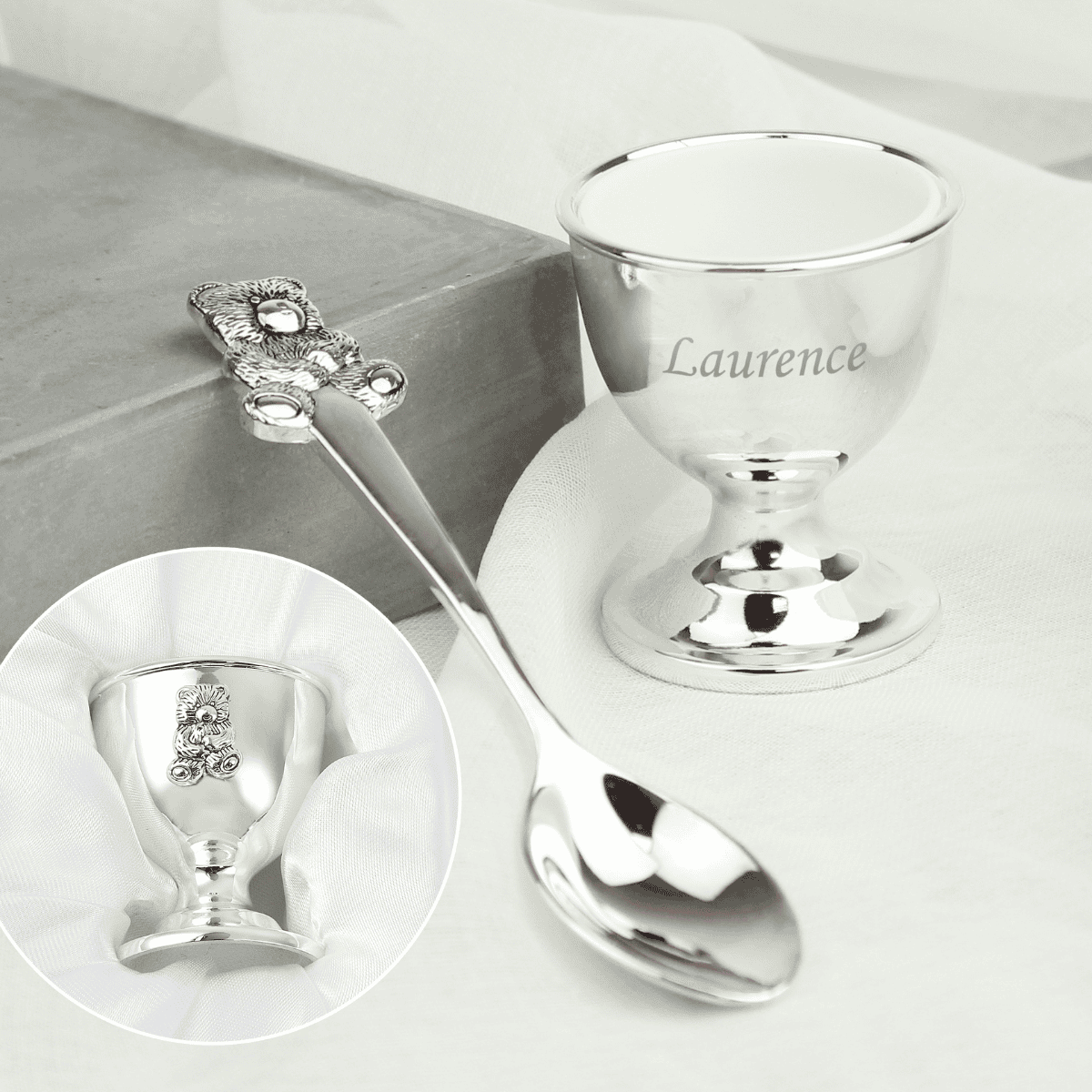 personalised silver egg cup and spoon keepsake gift