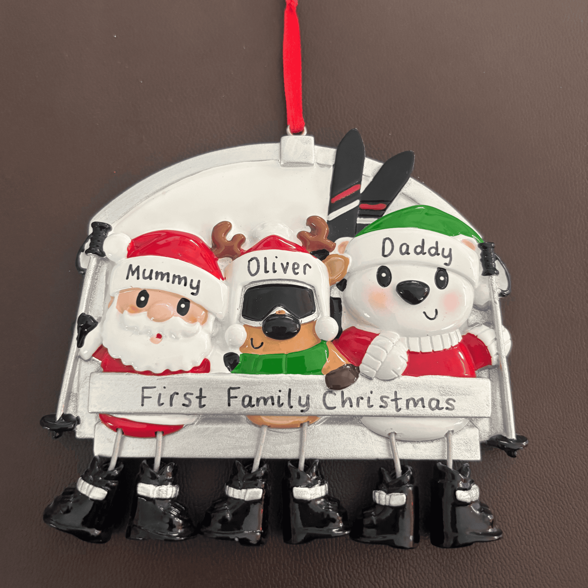 personalised ski lift family christmas tree decoration for a family of 3