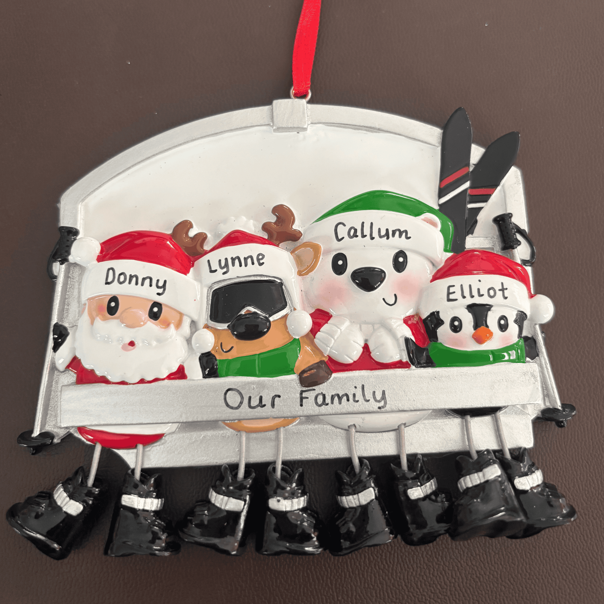 personalised ski lift family christmas tree decoration for a family of 4