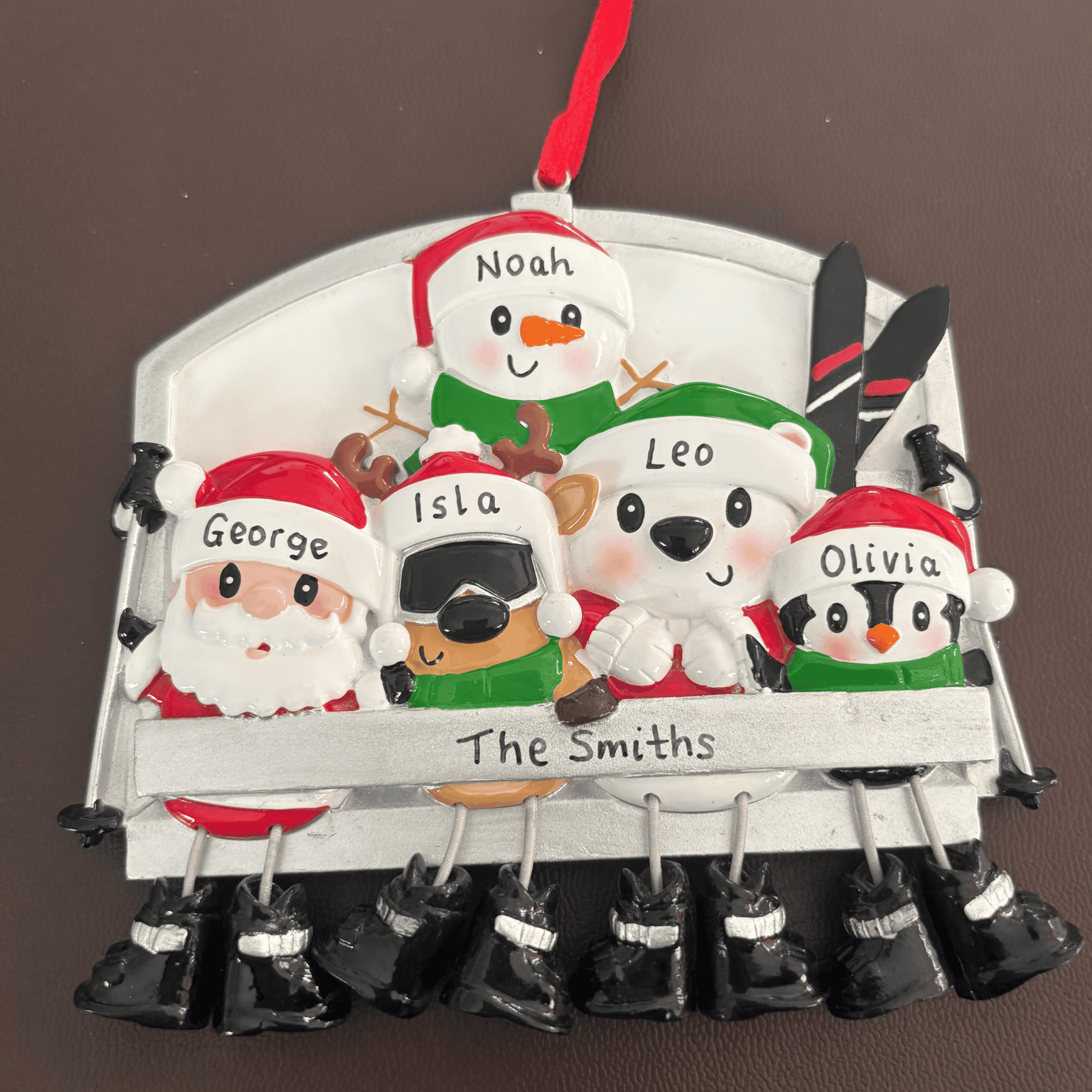 personalised ski lift family christmas tree decoration for a family of 5