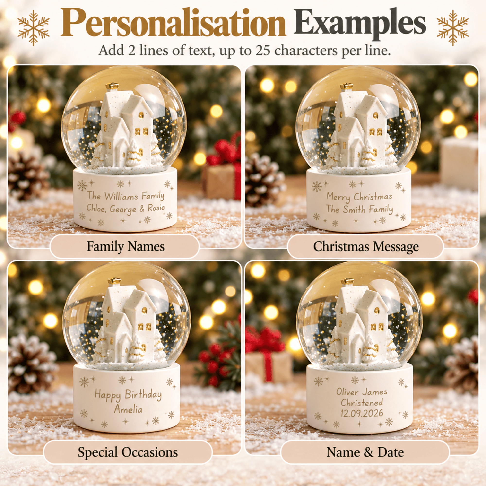 personalised snow village snow globe with any message over 2 lines