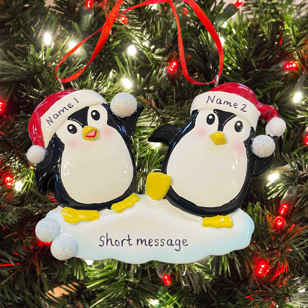 personalised penguin snowball couple tree decoration