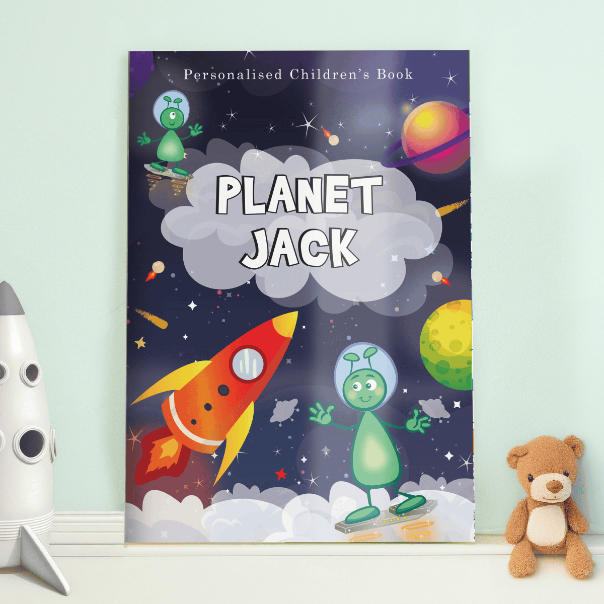 personalised space story book showing the child's name personalised on the front cover