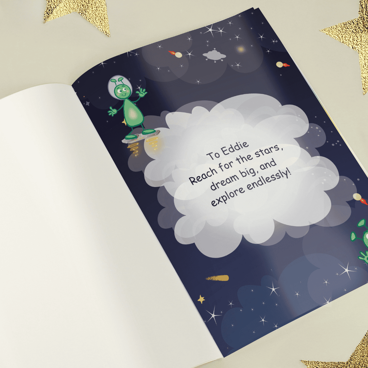personalised space story book showing the inside page where the personalised message goes