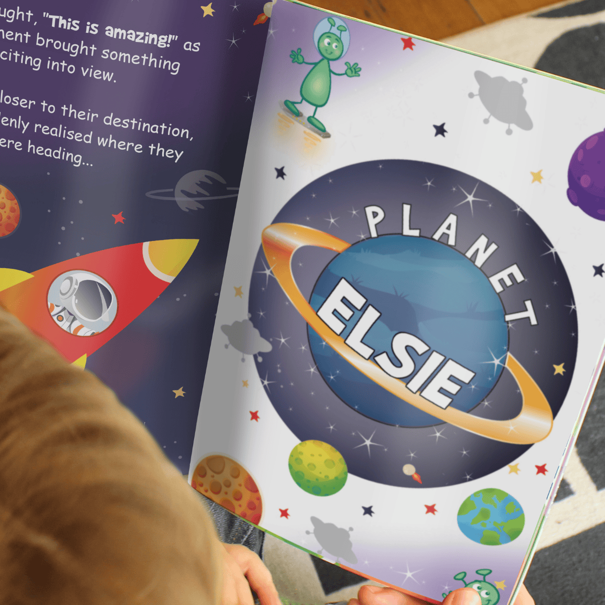 personalised space children's book showing an inside page with the child's name personalised on the pages
