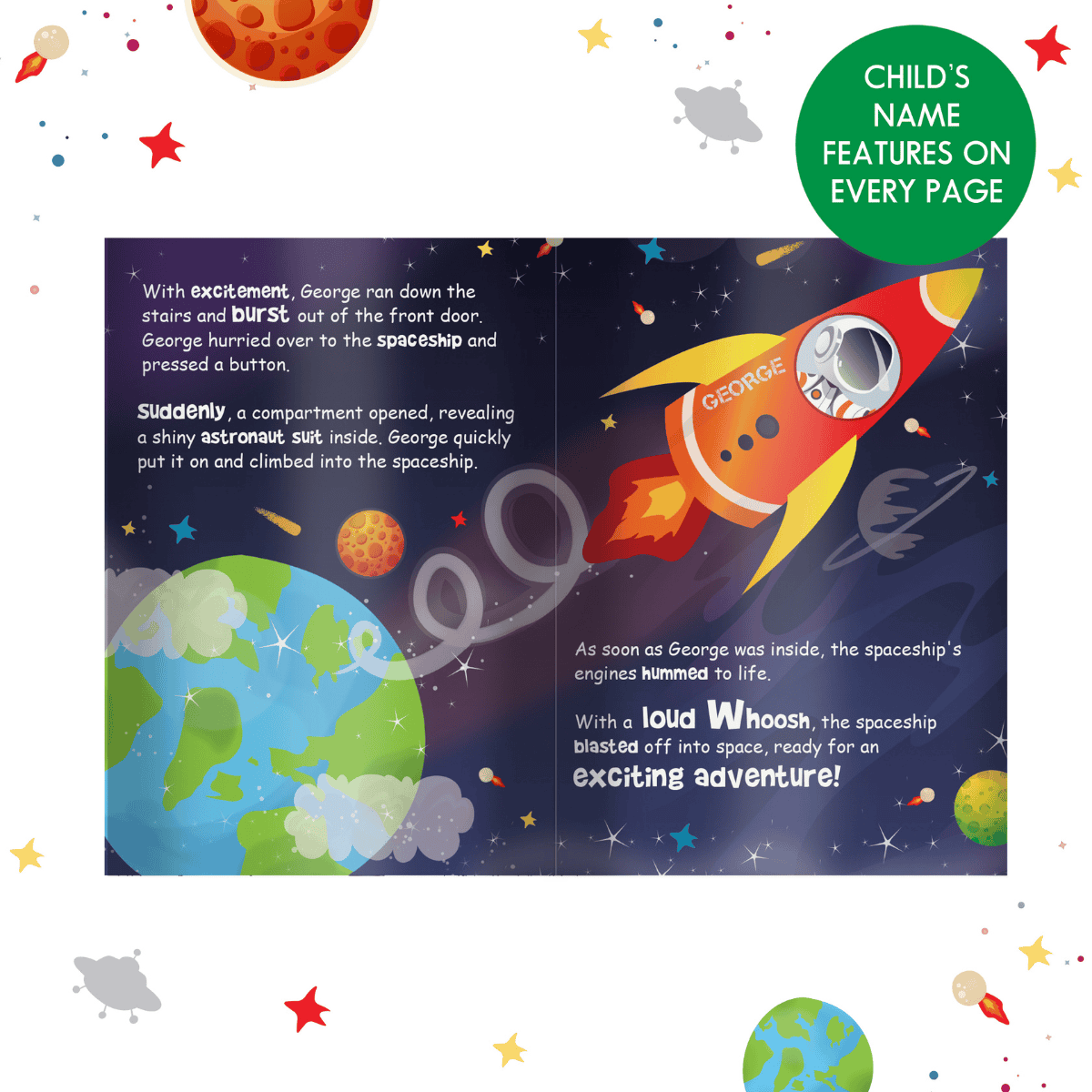 personalised space children's book showing an inside page with the child's name personalised on the pages