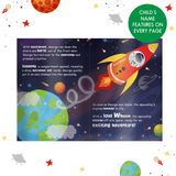 personalised space children's book showing an inside page with the child's name personalised on the pages