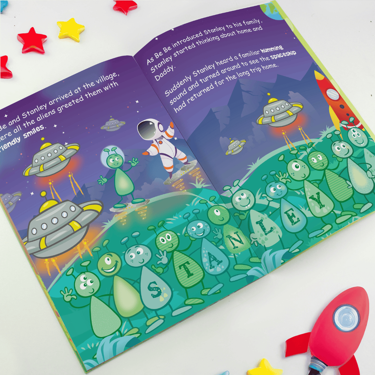 personalised space children's book showing an inside page with the child's name personalised on the pages
