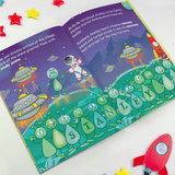 personalised space children's book showing an inside page with the child's name personalised on the pages