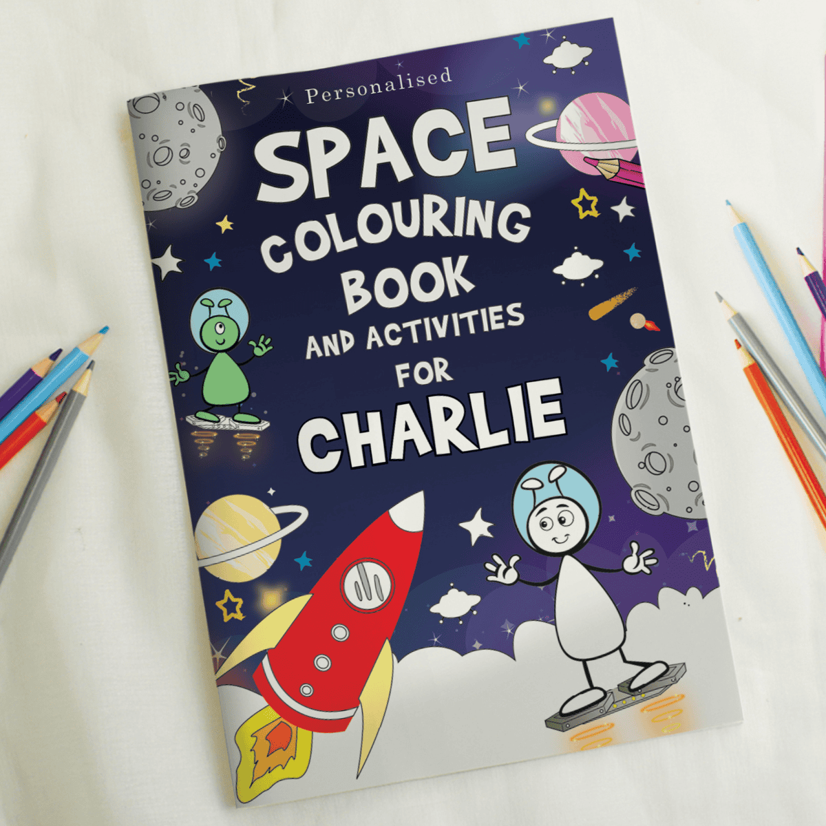personalised space colouring book showing the front cover with the child's name personalised on it