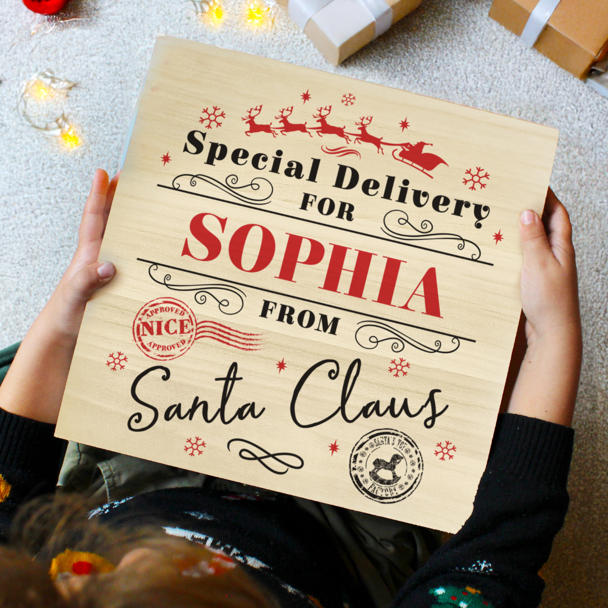 Personalised Special Delivery Christmas Box showing the child's name on the front of the box