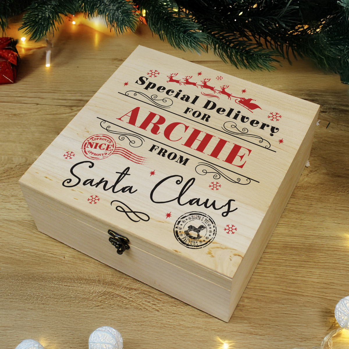 Personalised Special Delivery Christmas Box showing the personalisation on the front