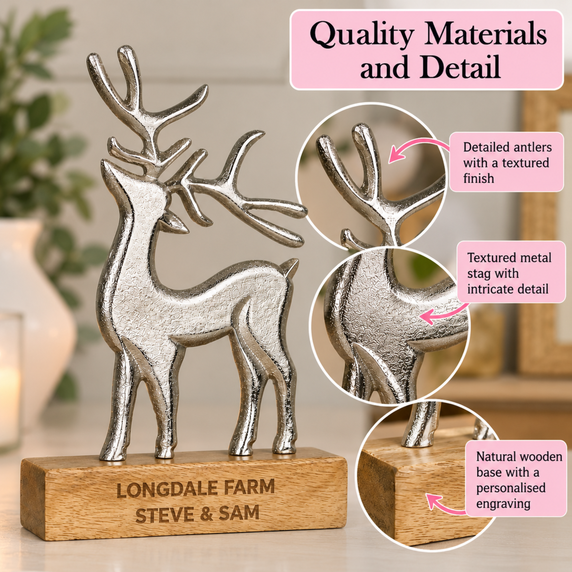personalised stag ornament with a wooden base and metal detail