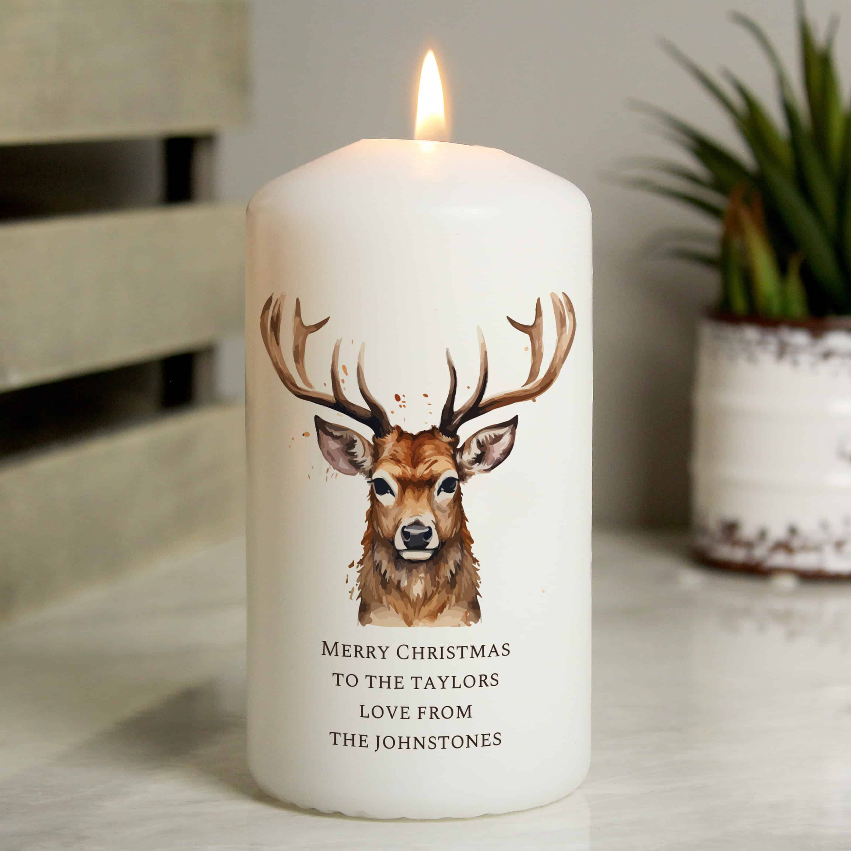 Personalised Stag Candle | Watercolour Pillar Candle | 58 Hour Burn