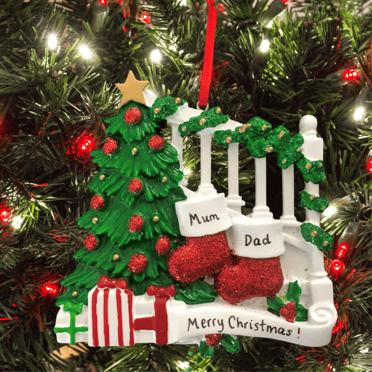 personalised stockings on bannister christmas tree decoration for a couple