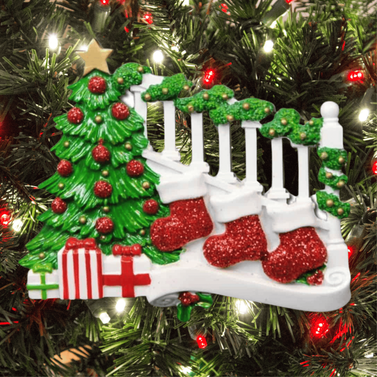 personalised stockings on bannister christmas tree decoration for a family of 3