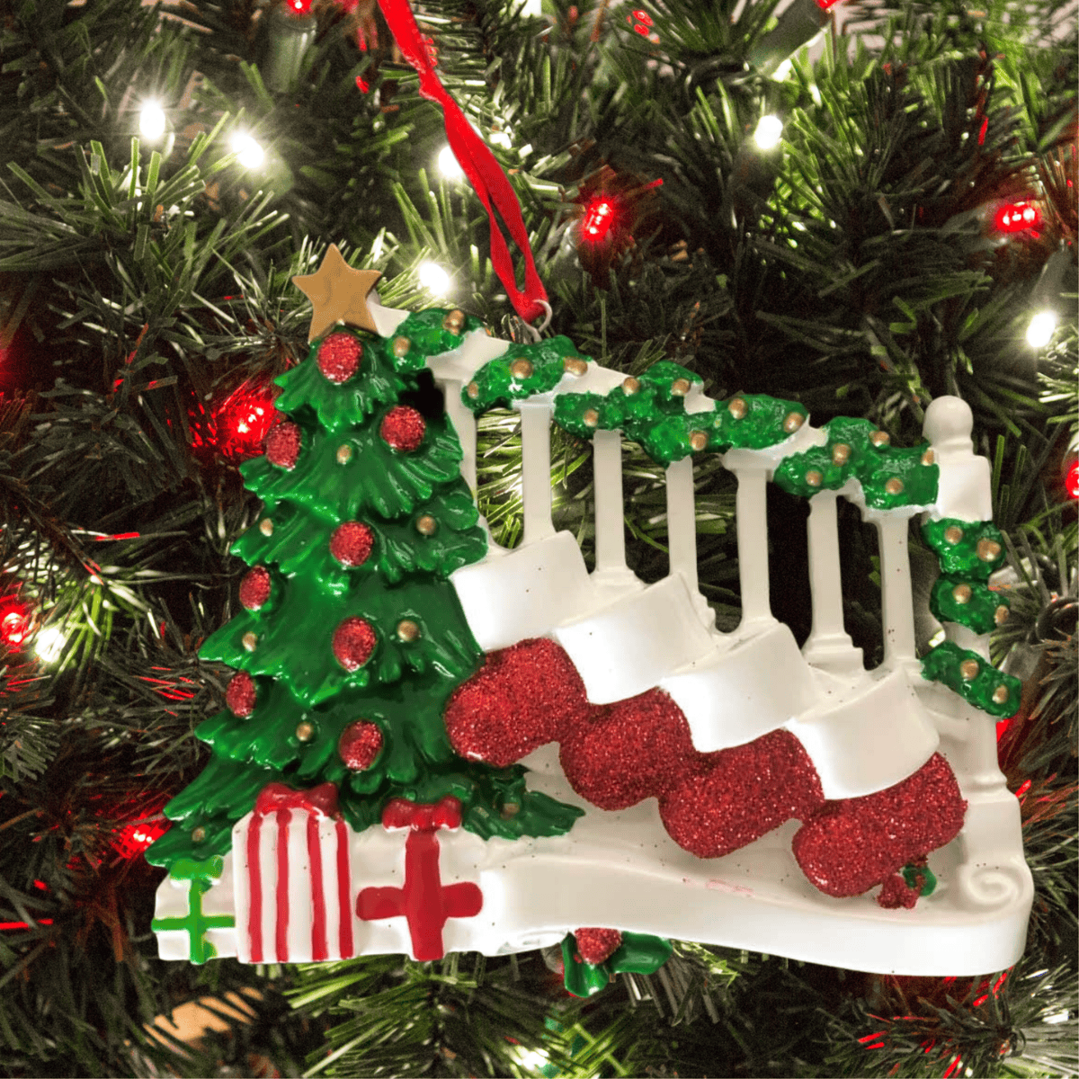 personalised stockings on bannister christmas tree decoration for a family of 4