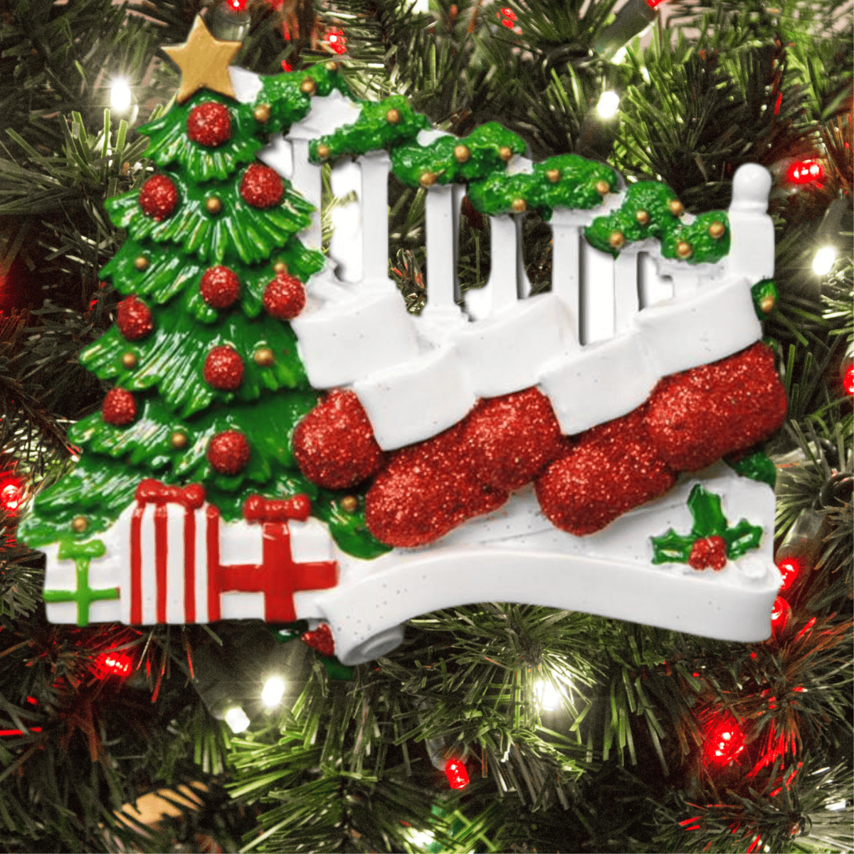 personalised stockings on bannister christmas tree decoration for a family of 5