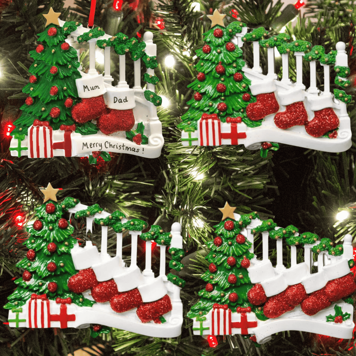 stockings on bannister christmas tree decoration showing the 4 designs