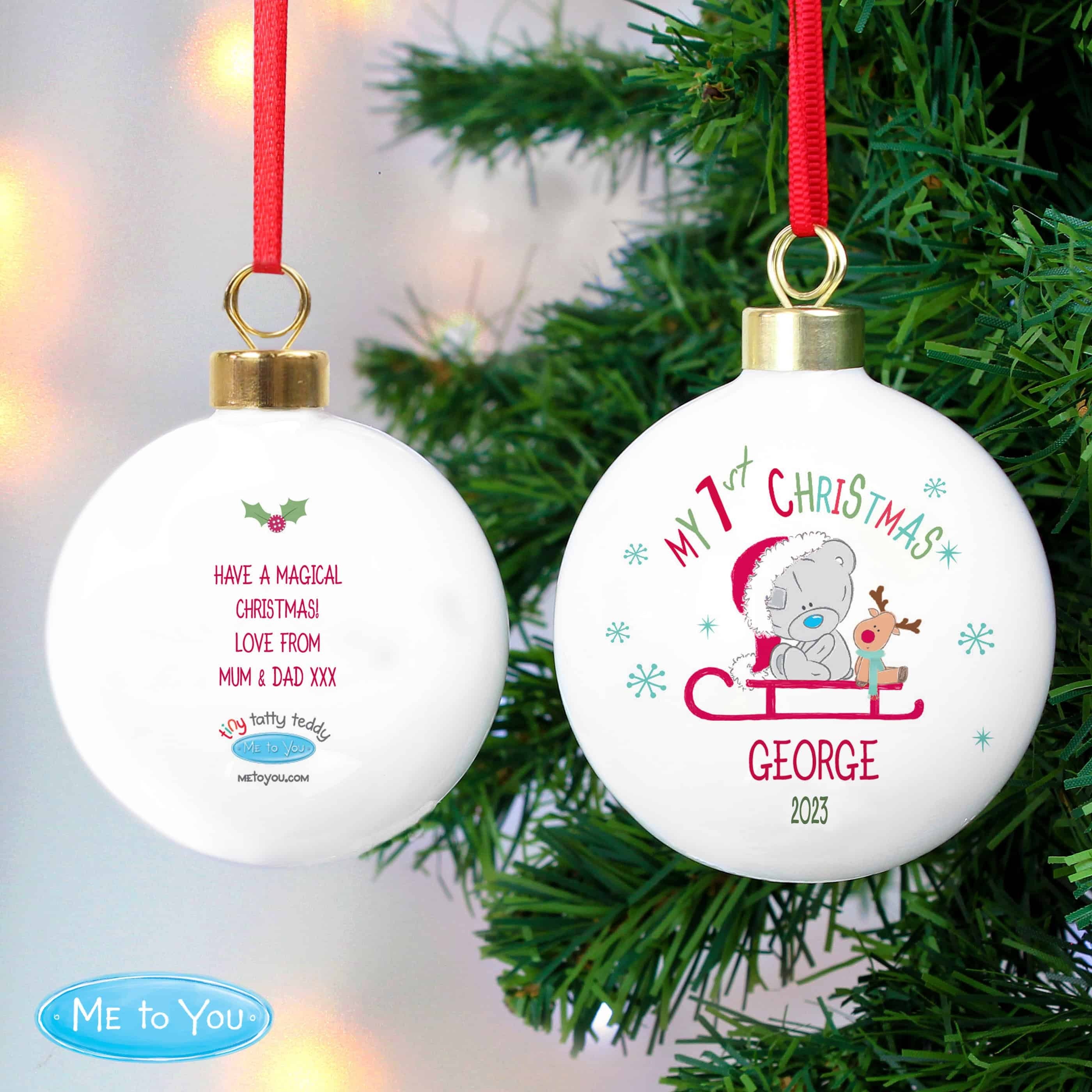 personalised first christmas bauble with tiny tatty teddy design on the front