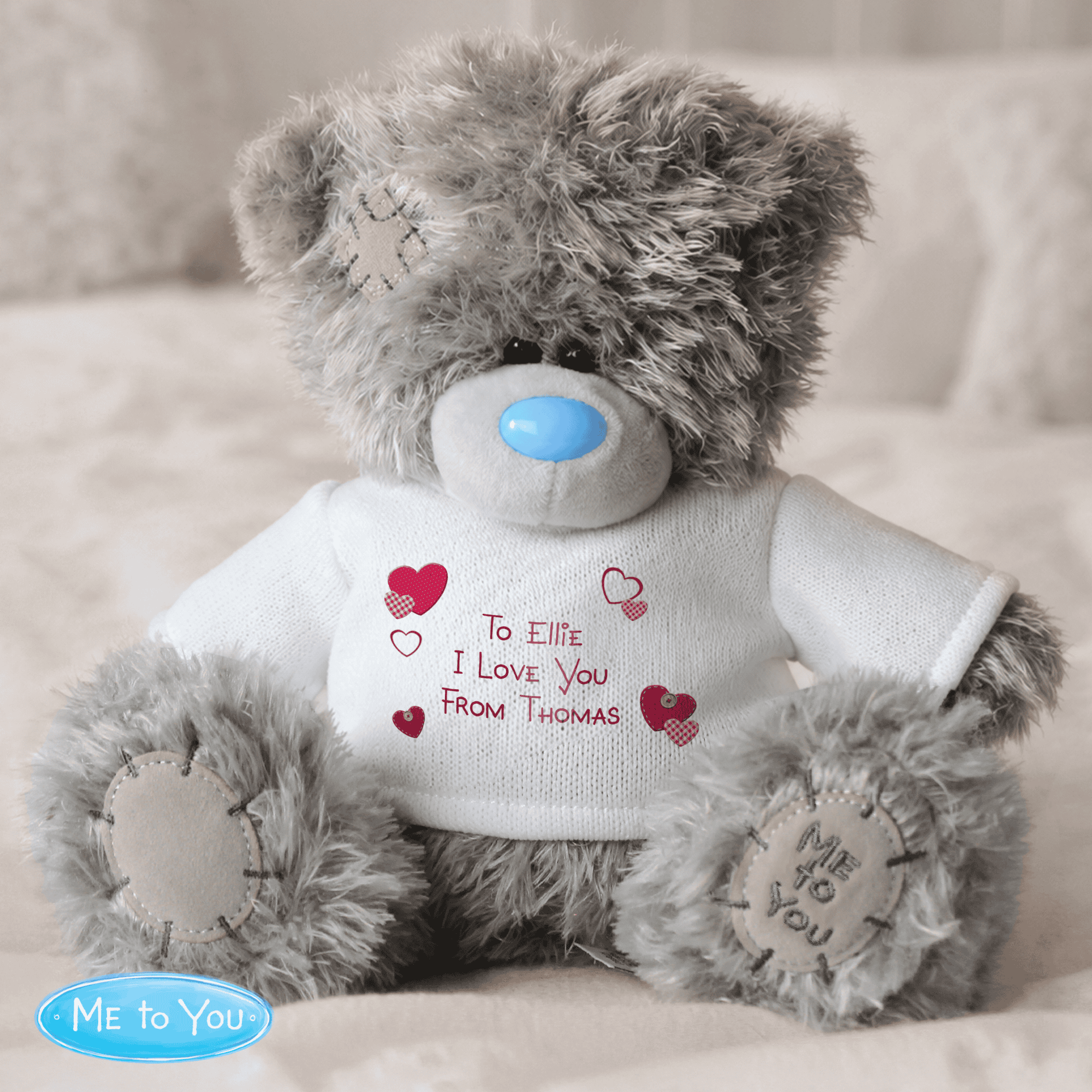 personalised tiny tatty teddy bear with any message personalised over 3 lines on the white jumper with red hearts