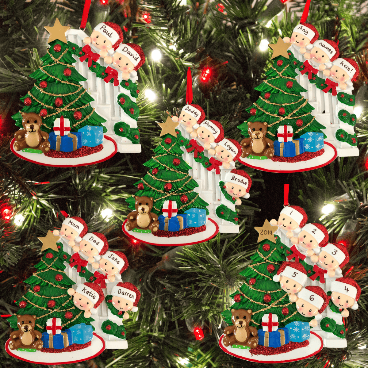 personalised christmas tree decoration of tree peeking showing a collage of the different family sizes
