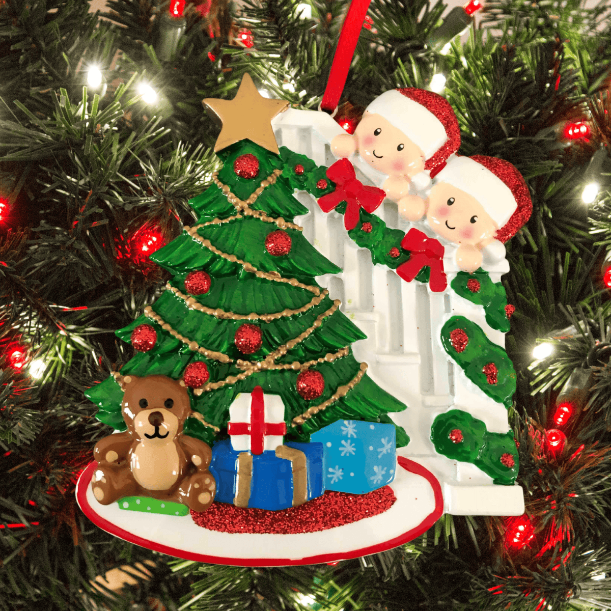 personalised christmas tree decoration of tree peeking couple