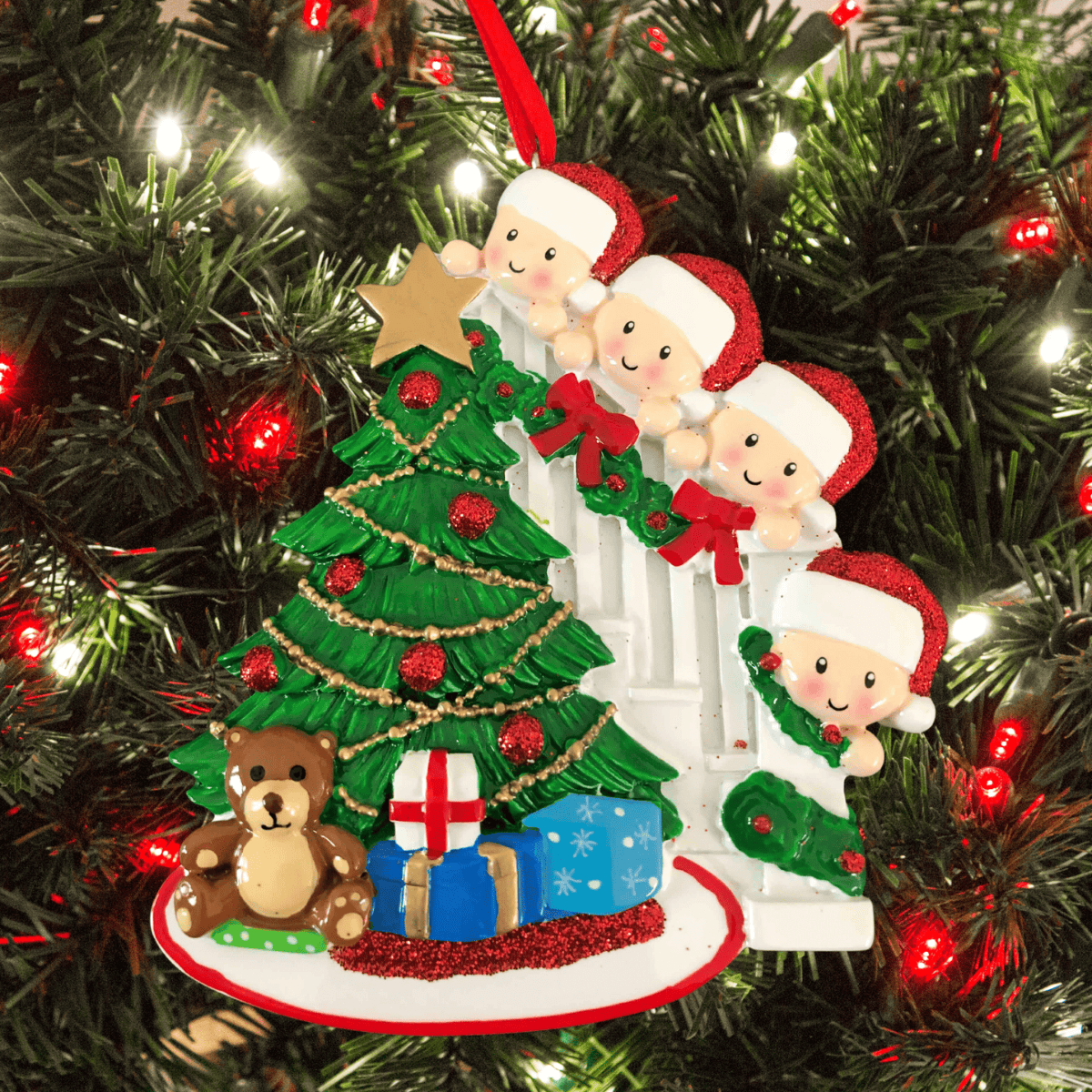 personalised christmas tree decoration of tree peeking family of 4